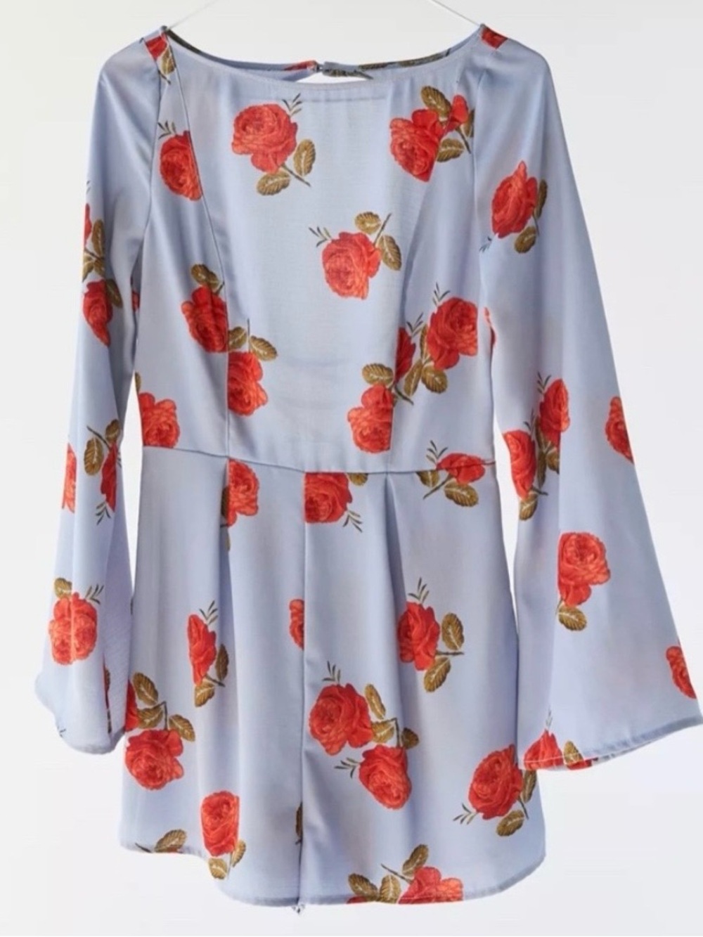 NWT Urban Outfitters Floral Long Sleeve Romper Blue with Red Flowers